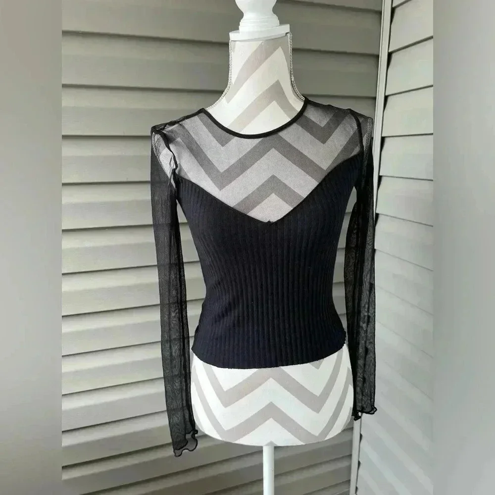 Zara BLACK MESH CONTRAST RIBBED MOCK NECK TOP Sz S